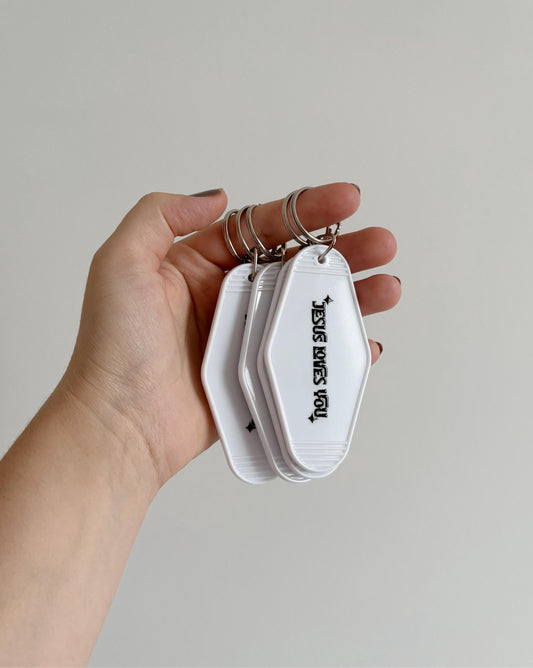 Jesus Loves You Keychains, Motel Style Keychains, White