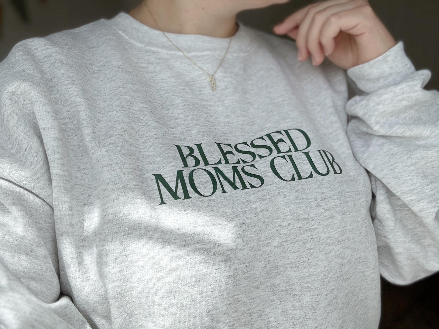 Blessed Moms Club Crewneck Sweater, Ash Color, 50% Cotton and Polyester