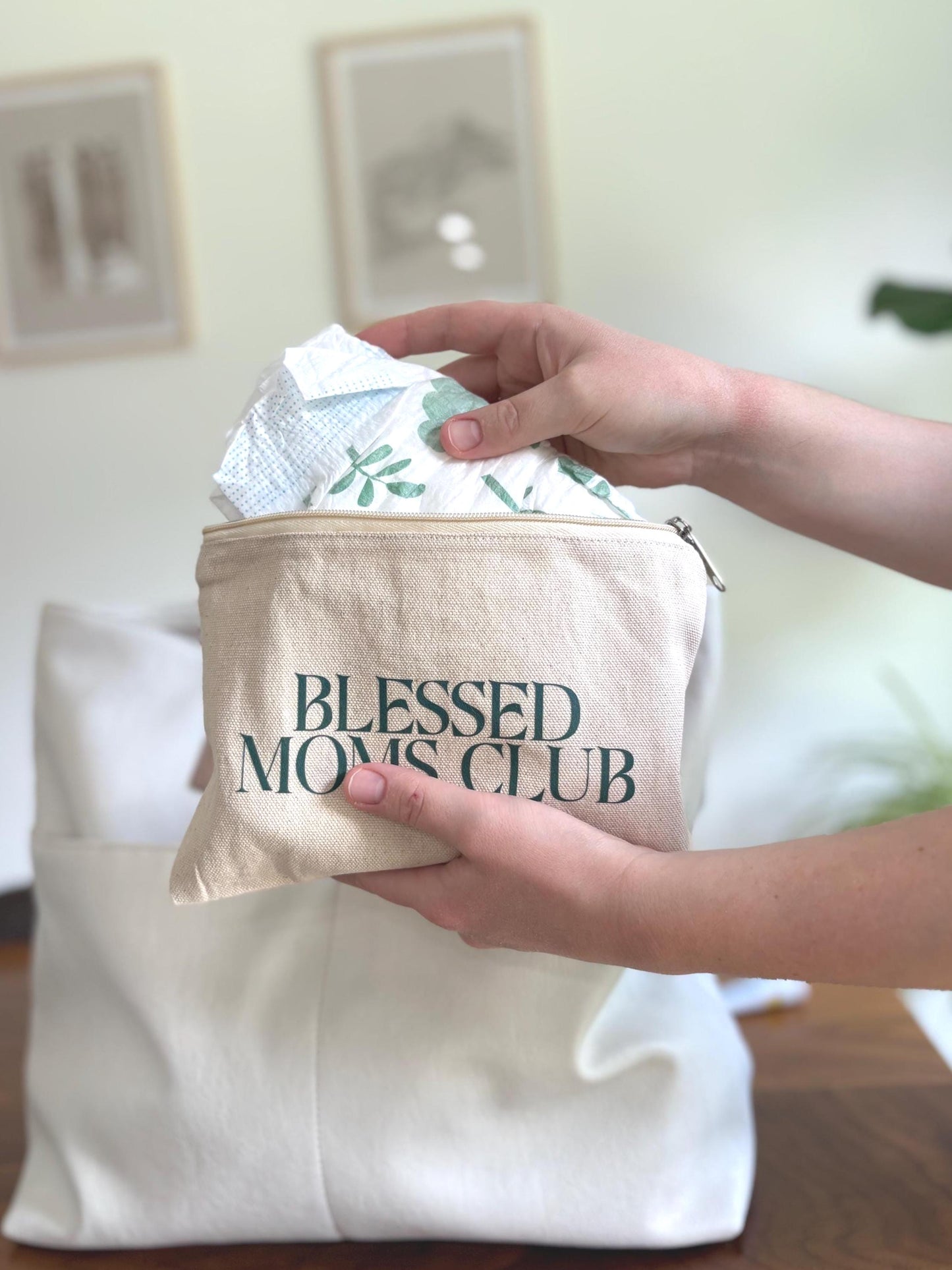 Blessed Moms Club - Natural Canvas Zipper Pouch, 100% Cotton
